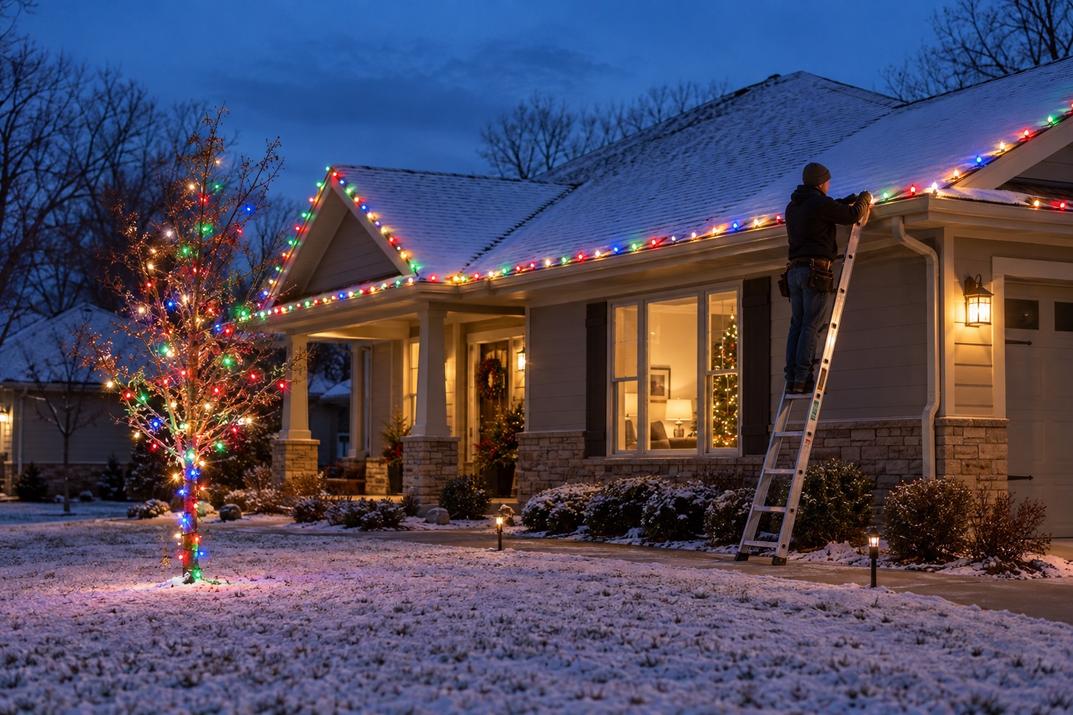 Illustrative winter scene of an installer adding colorful roofline lights to a house beside a small light-wrapped tree