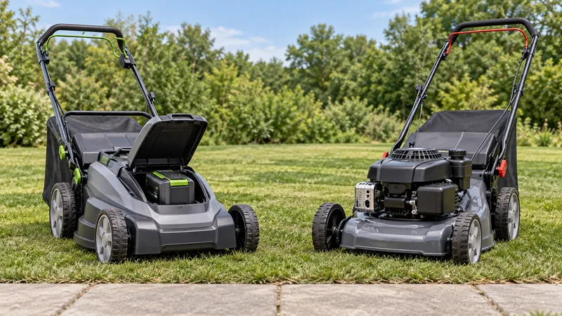 AI illustration comparing a battery walk-behind mower with an open battery compartment and a gasoline mower parked on level grass.