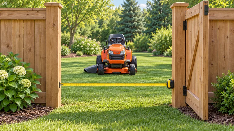 AI illustration of a tape measuring the clear opening between gate posts, with a parked mower beyond the gate.