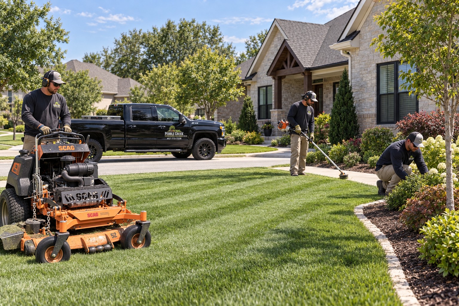 Illustration of a property-care crew using a Scag mower, trimming grass, and tending landscaping beside a branded Pebble Creek truck