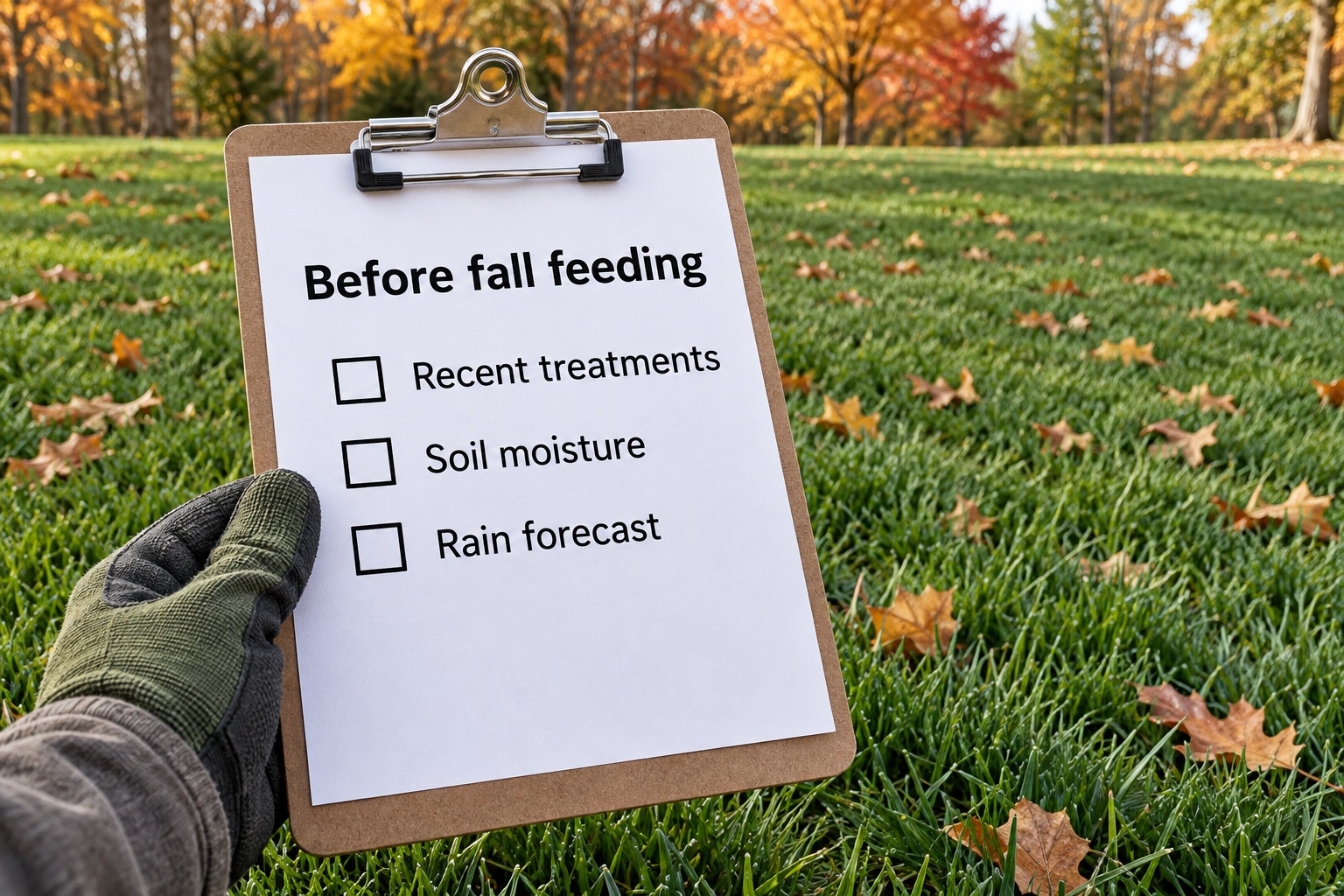 AI illustration of an unchecked fall-feeding checklist held above a lawn with autumn leaves