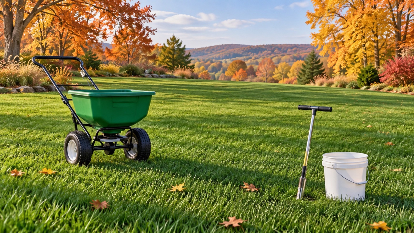 AI illustration of a green tall-fescue lawn framed by autumn trees, with a broadcast spreader and soil-sampling tools