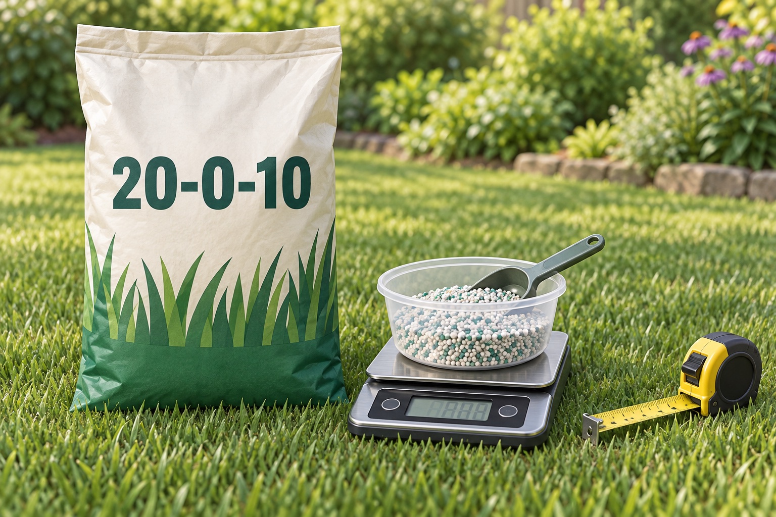 AI illustration of a plain fertilizer bag labeled 20-0-10 beside a measuring tape and a container of granules on a scale