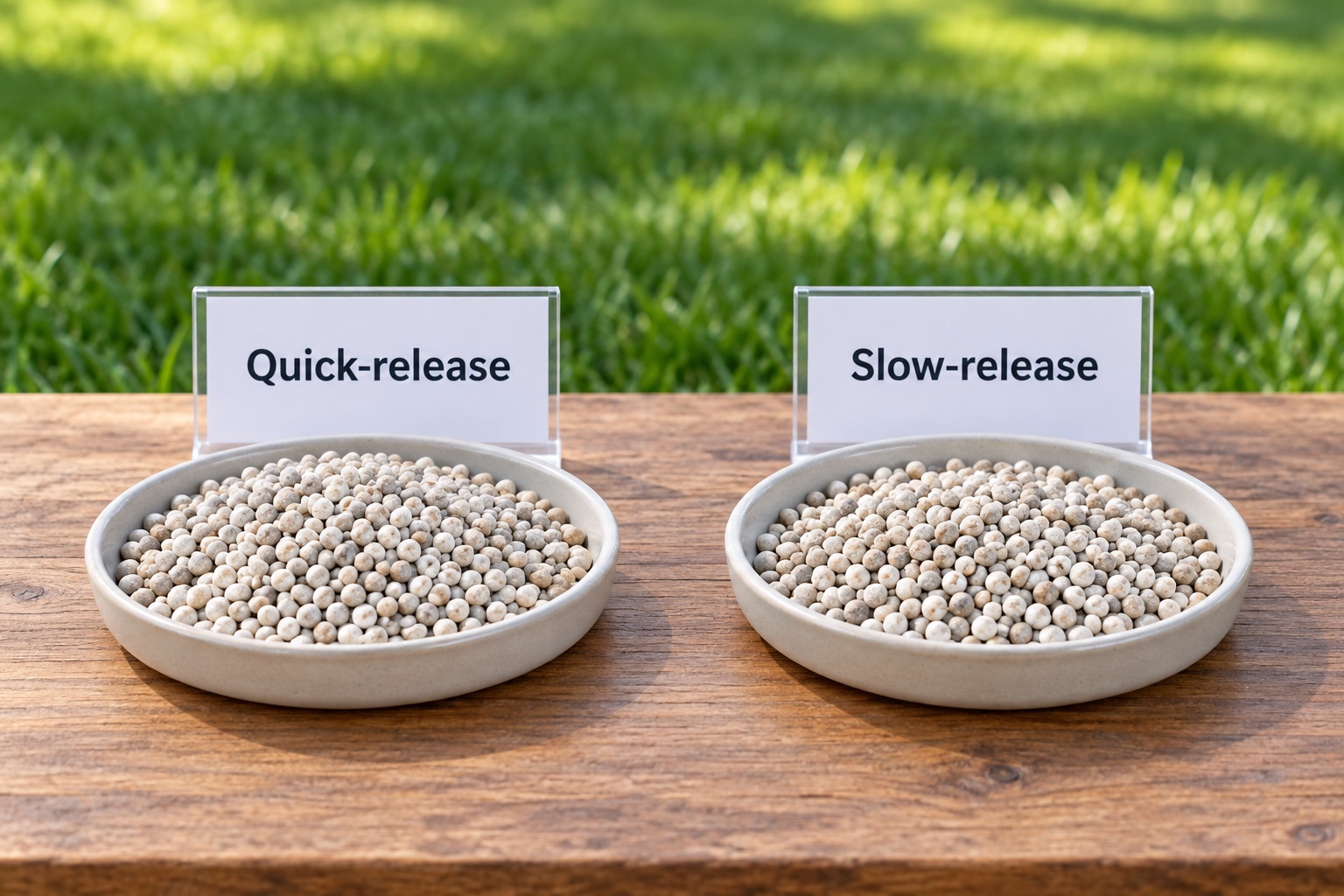 AI illustration of fertilizer sample dishes labeled Quick-release and Slow-release on an outdoor workbench