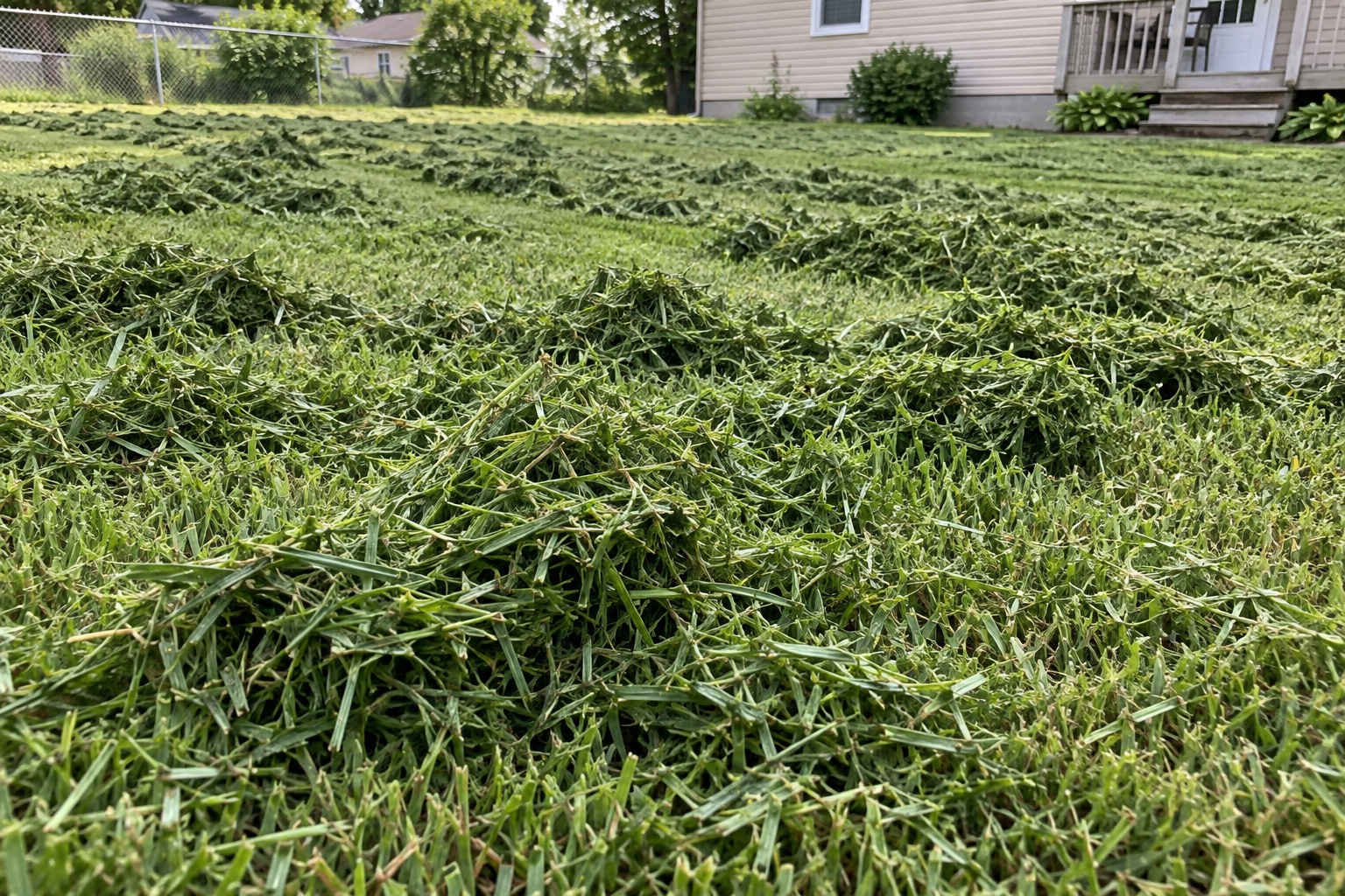 AI illustration of a mowed lawn covered with heavy clumps and rows of grass clippings
