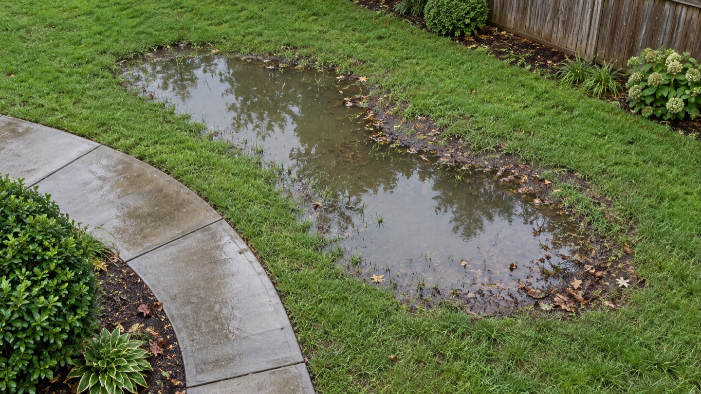 AI illustration viewed from above of shallow water ponding in a low lawn beside a curved walkway, with washed leaves and a muddy edge