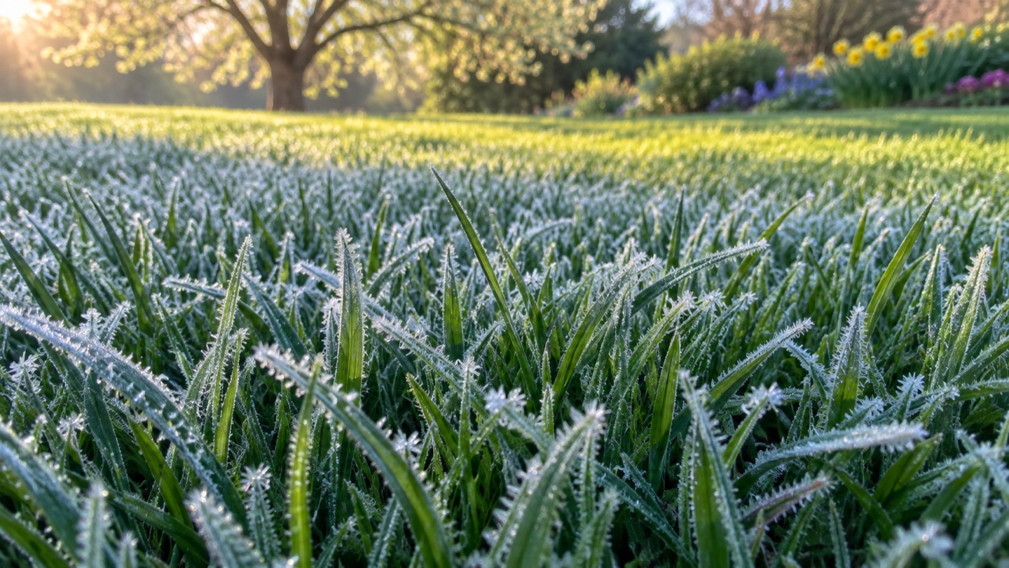 AI illustration of white frost crystals on green spring grass, with morning sunlight reaching an unfrosted area behind it