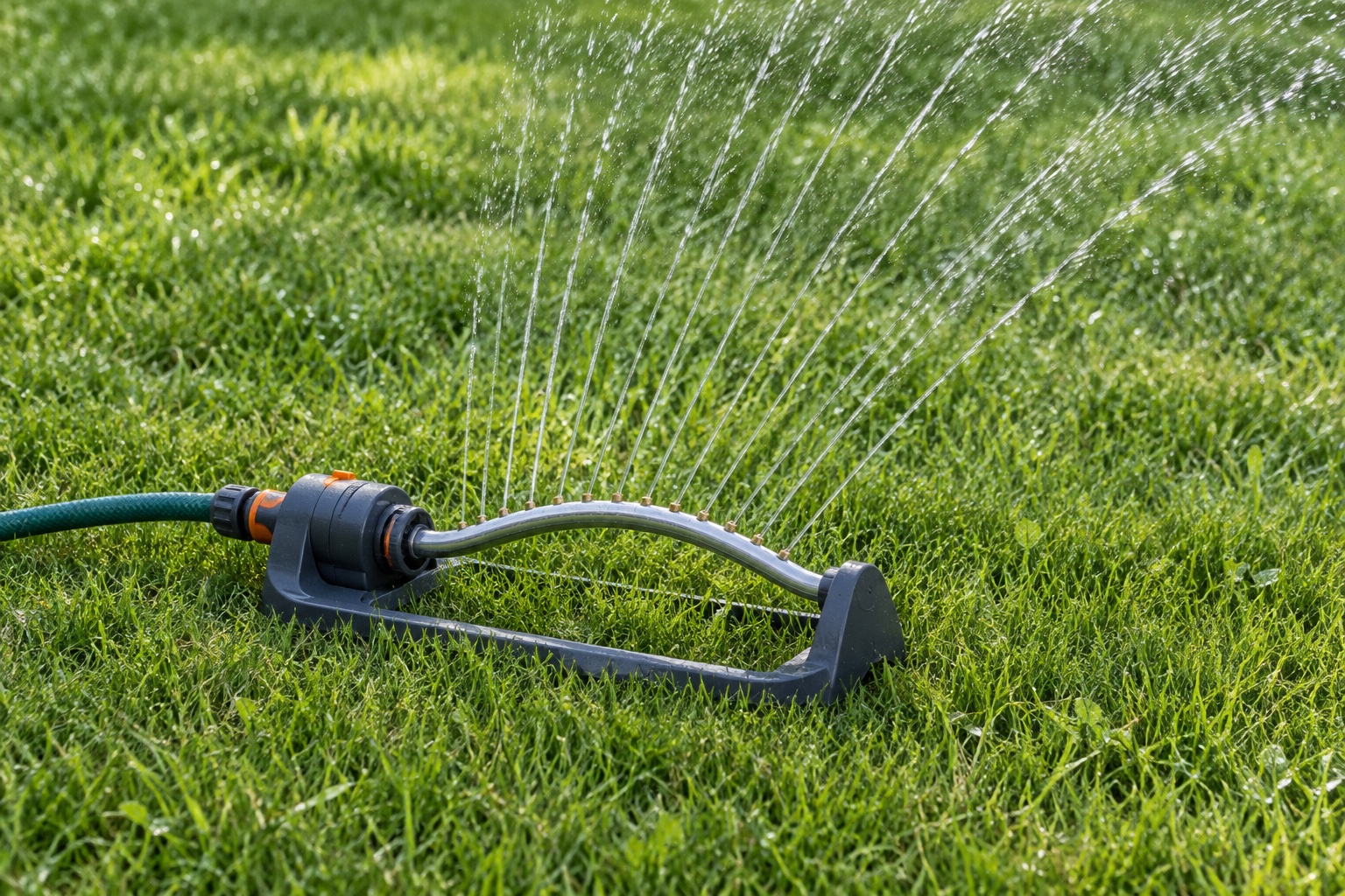 AI illustration of an oscillating sprinkler watering a green lawn