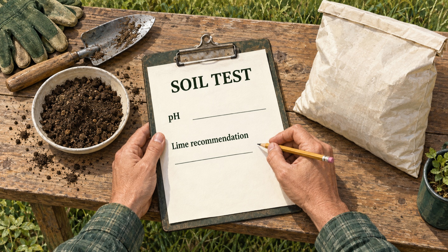 AI illustration of hands reviewing a soil-test report beside a soil sample and an unopened plain bag