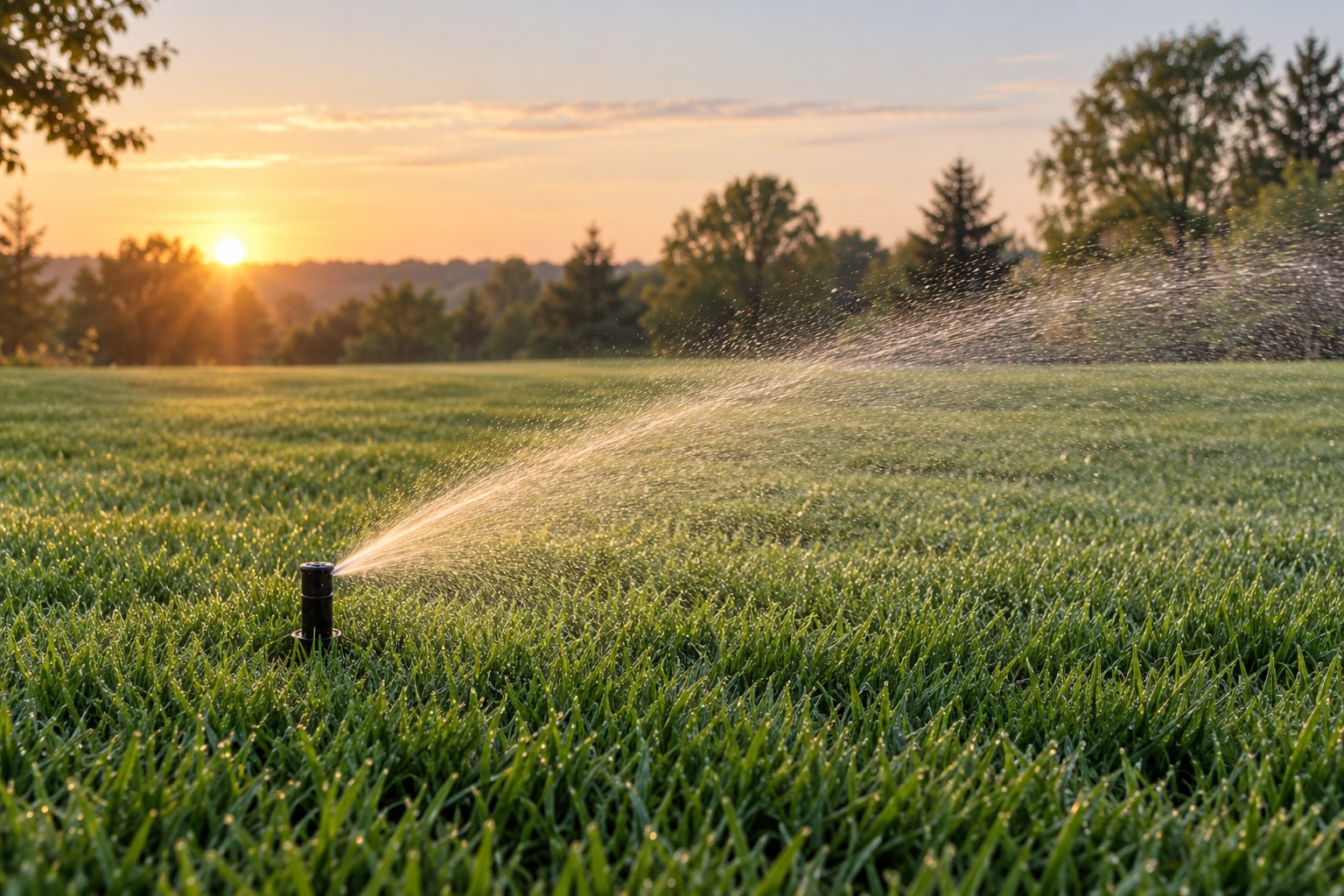 AI illustration of a lawn sprinkler watering grass in soft early-morning sunlight