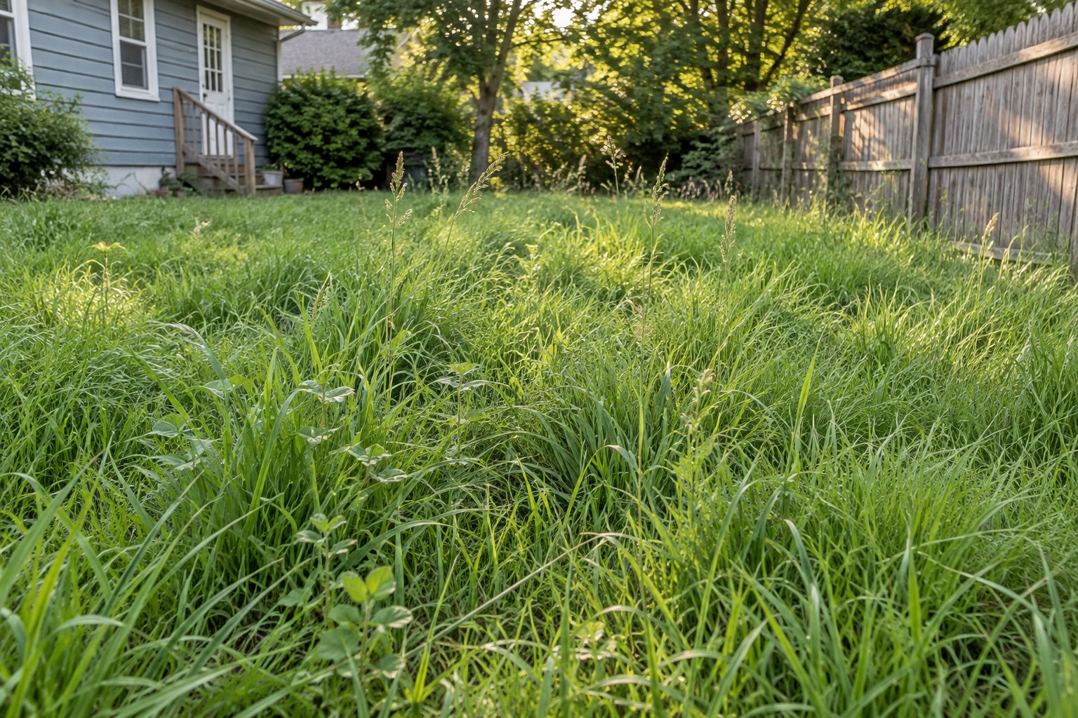 AI illustration of tall, uneven grass in an overgrown residential yard