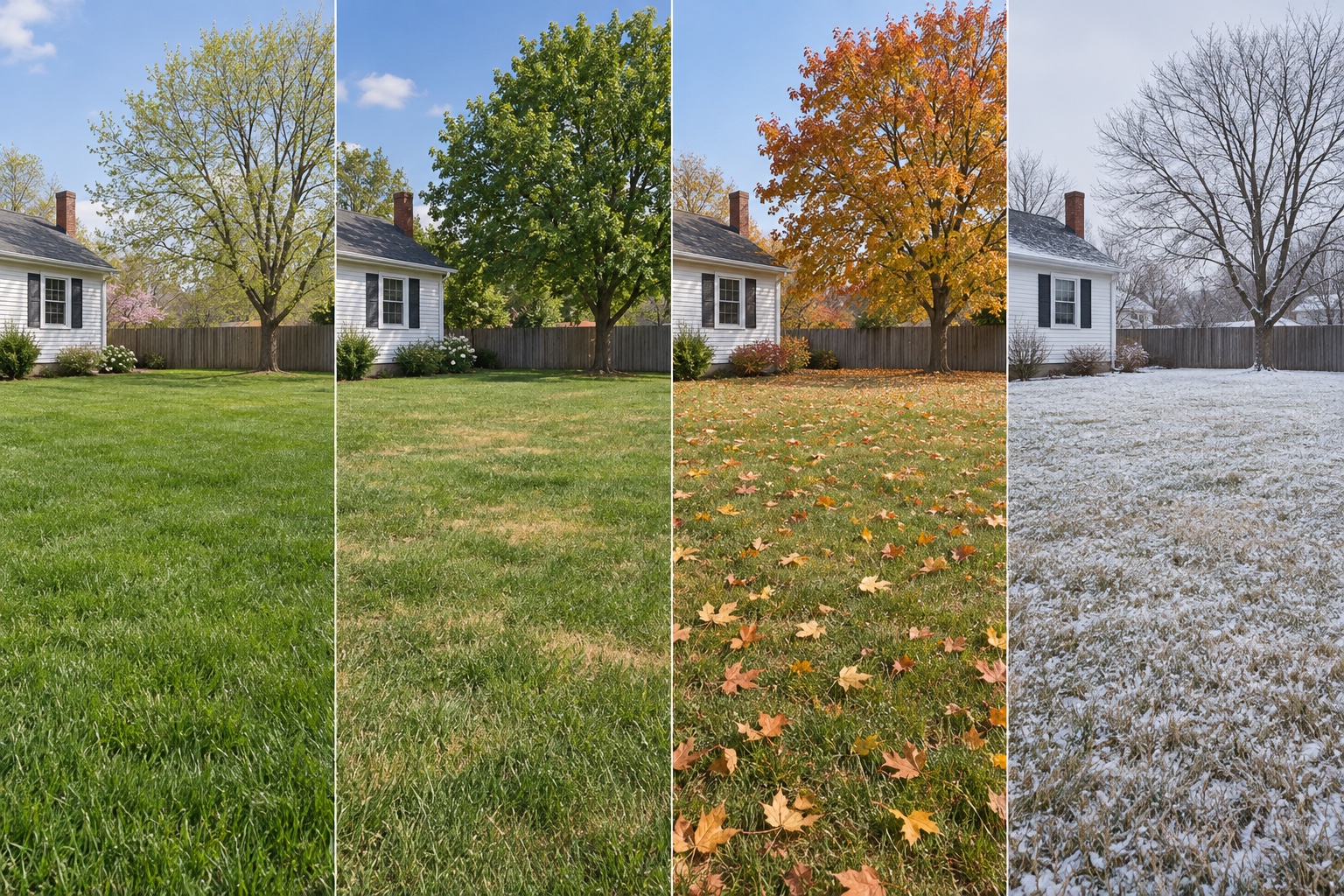 AI illustration of a residential lawn through spring, summer, fall and winter