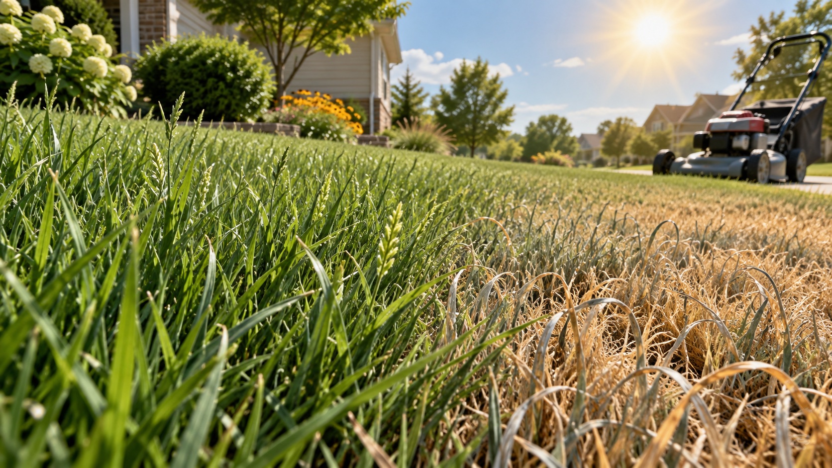 AI illustration of tall green lawn grass beside curled, straw-colored heat-stressed grass, with a mower parked in the background