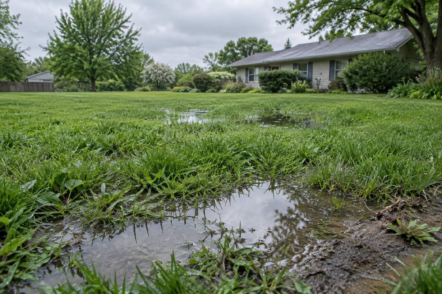 AI illustration of a rain-soaked residential lawn with shallow standing water