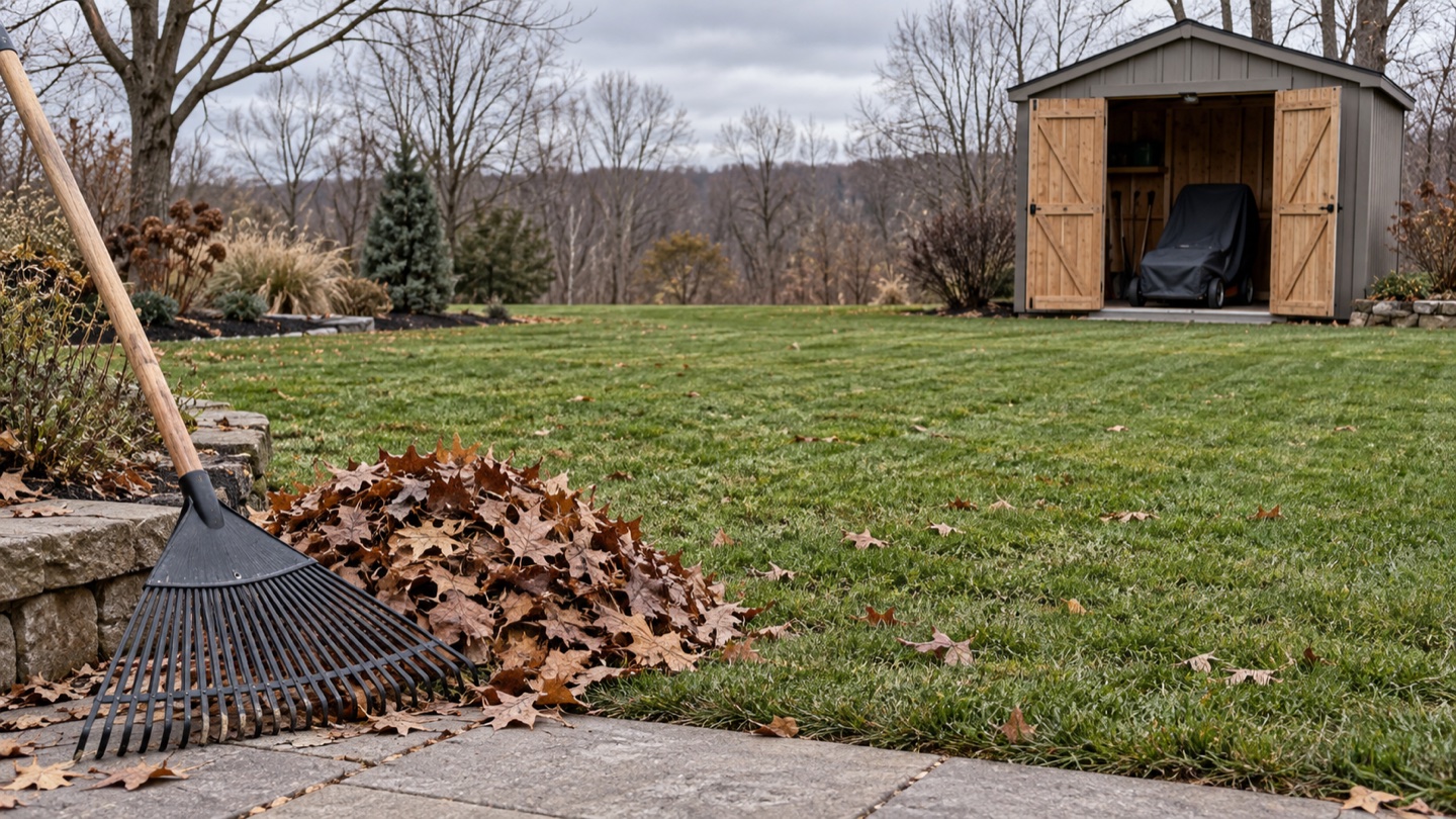 AI illustration of a leaf rake and collected leaves beside a green late-autumn lawn, with a covered mower in an open shed